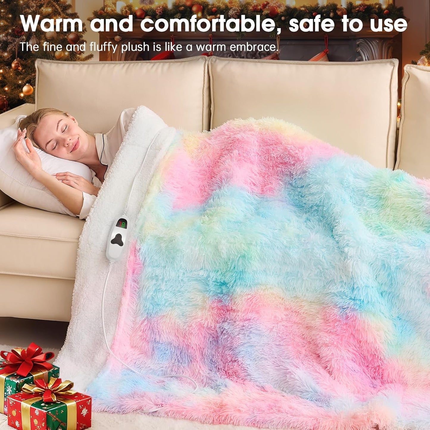 Heated Electric Blanket Twin,Warm Winter Birthday Gifts for Women Her Grandma–Faux Fur with Soft Sherpa,10 Heat Settings,5 Time Settings with Fast Heating, 62x84, Rainbow