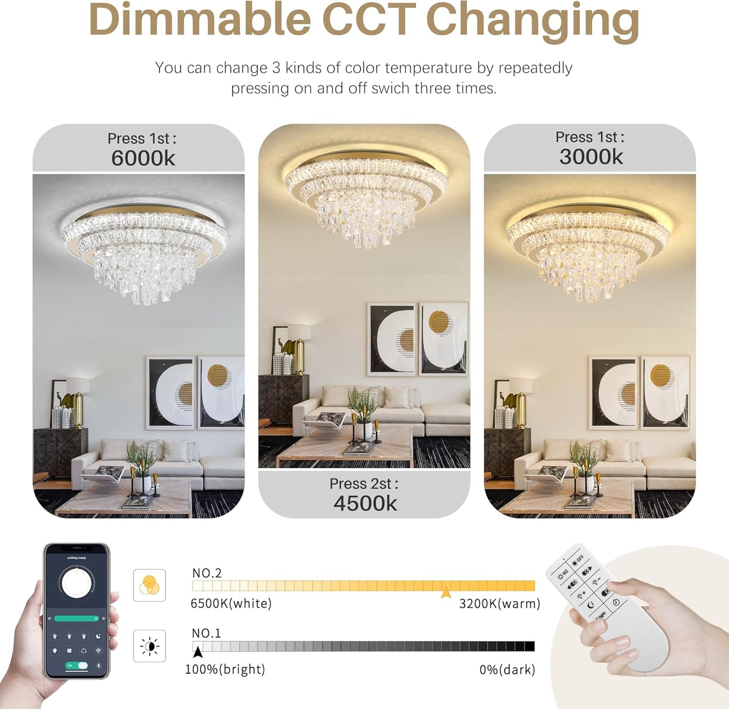 24 inch Flush Mount Crystal Chandelierse with Remote and APP Gold, Modern Elegant LED Crystal Raindrop Ceiling Light Fixtur, 3CCT Dimmable, for Living Room Kitchen Island Bedroom Entryway Foyer