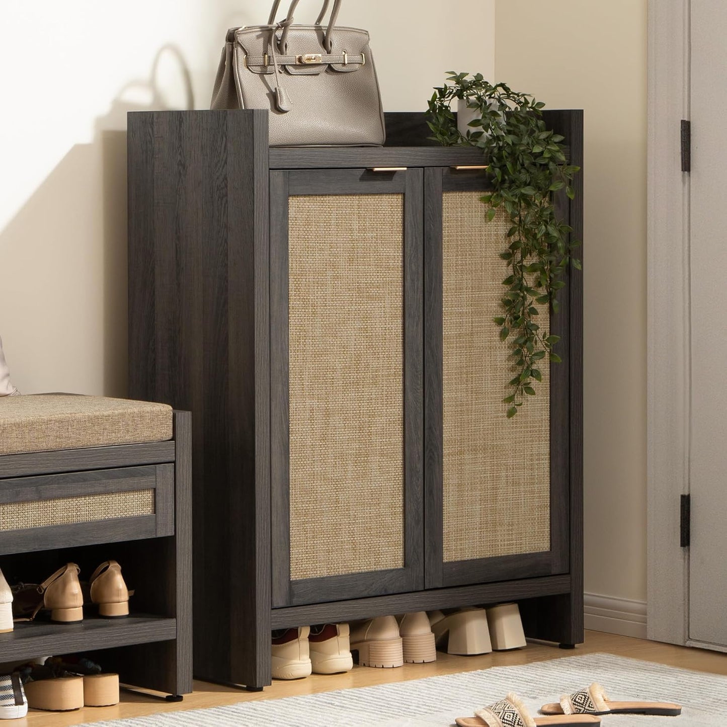 SICOTAS 41" Tall Shoe Cabinet, 24 Pair Shoe Storage Cabinet with Doors and 6-Tier Shelves, Rattan Shoe Cabinet Storage for Entryway, Farmhouse Boho Wooden Cabinet for Hallway, Black Oak