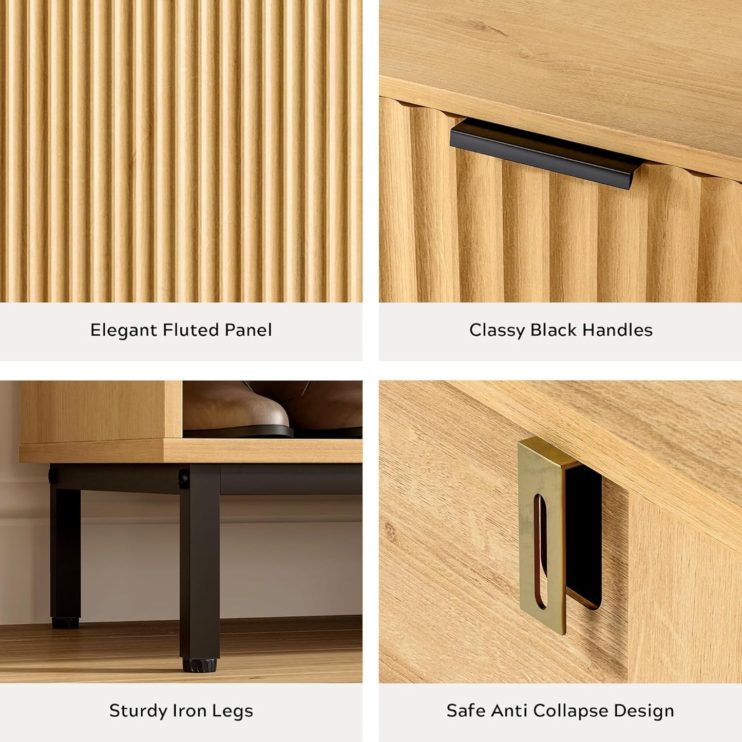 Fluted Shoe Cabinet with Doors, Large Wooden Shoe Storage Cabinet with Adjustable Shelves, Modern Tall Freestanding Shoe Rack Organizer for Entryway, Hallway Natural Oak
