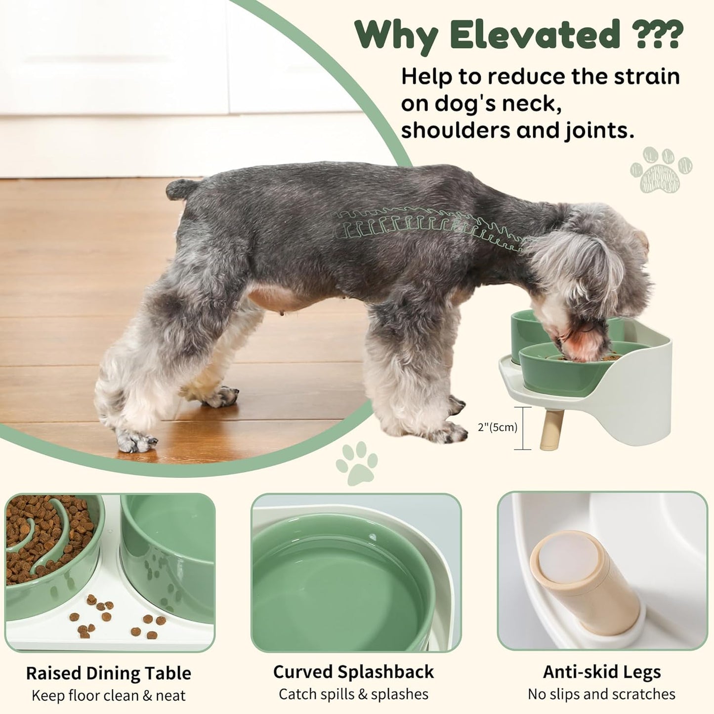 Elevated Slow Feeder Dog Bowls - Ceramic Food and Water Bowl Set with Stand - Raised Pet Dishes for Small and Medium Sized Dogs