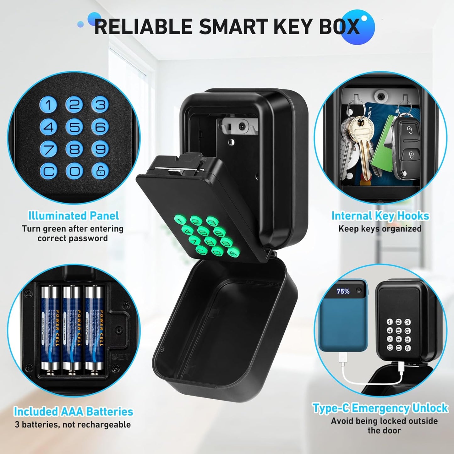 HUANLANG Smart Key Lock Box - Bluetooth Electronic Lock Box for Keys, Wall Mount Digital Key Storage with App Control & PIN Code Types, IP65 Waterproof lockbox for Home, Airbnb, Realtor and Office