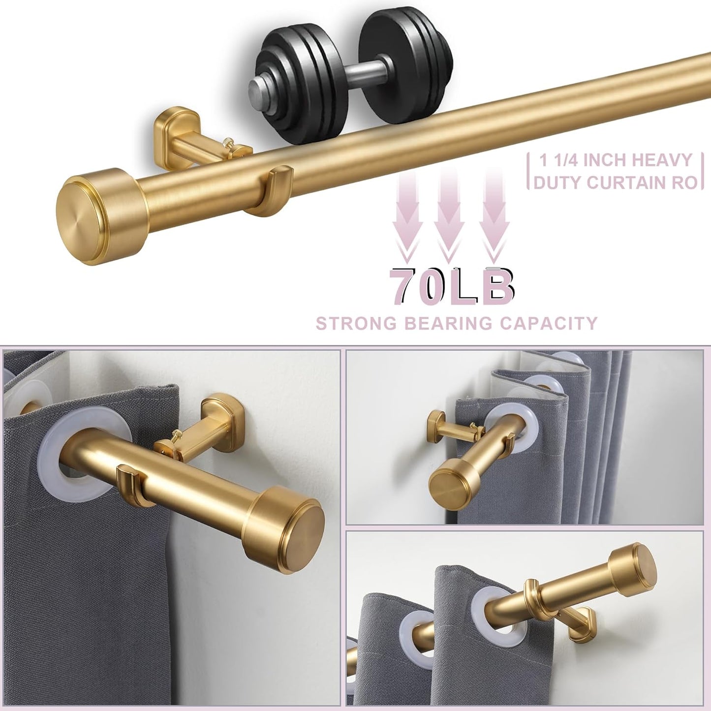 Heavy Duty Curtain Rods,1 1/4" Large Diameter Premium Nonadjustable Curtain Rod,132in/11ft Custom Window Treatment Rods with Durable Aluminum Brackets and End Caps,Gold Finish