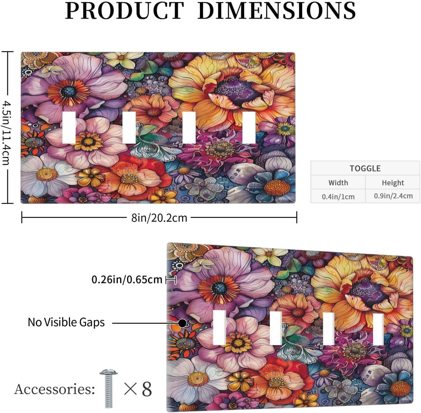Light Switch Covers Colorful Bohemian Flowers Vintage Boho Floral Quad Toggle Electrical Faceplate 4 Gang Wall Plate Decorative Switch Plates for Bed Room living Room Decor