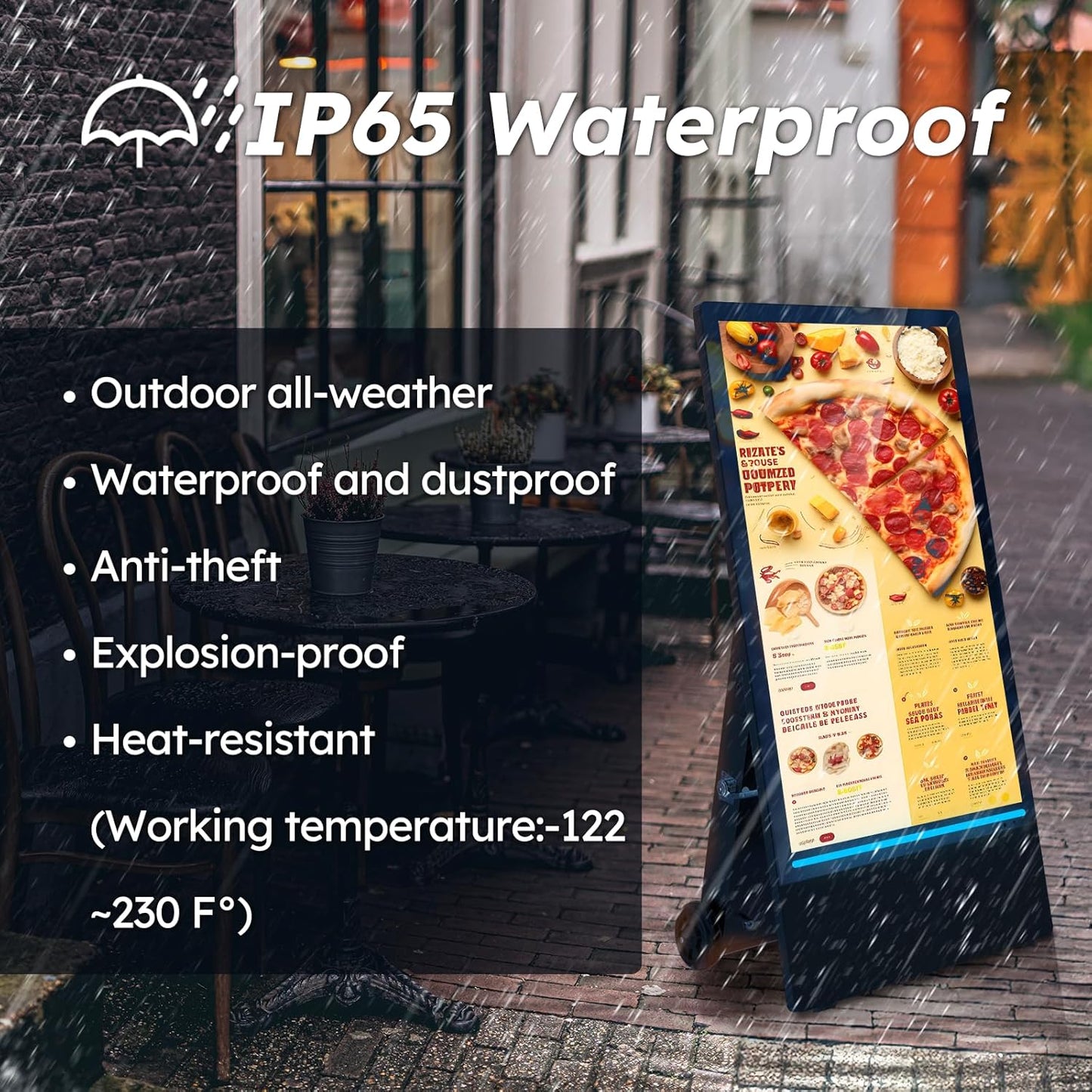43 inch Rechargeable Portable Outdoor Digital Signage Displays, 2K FHD, IP65 Waterproof, Smart LCD Split Screen, Brightness Auto-Adjustment Movable Advertising Kiosk with Android OS
