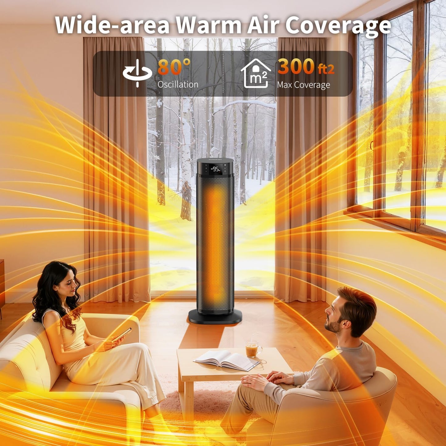 Space Heaters for Indoor Use, 24" Electric Space Heater, 1500W PTC Ceramic Heater for Office with Remote, Thermostat, 3 Modes, 35dB Quiet, 12H Timer Portable Heater for Bedroom Home Large Rooms