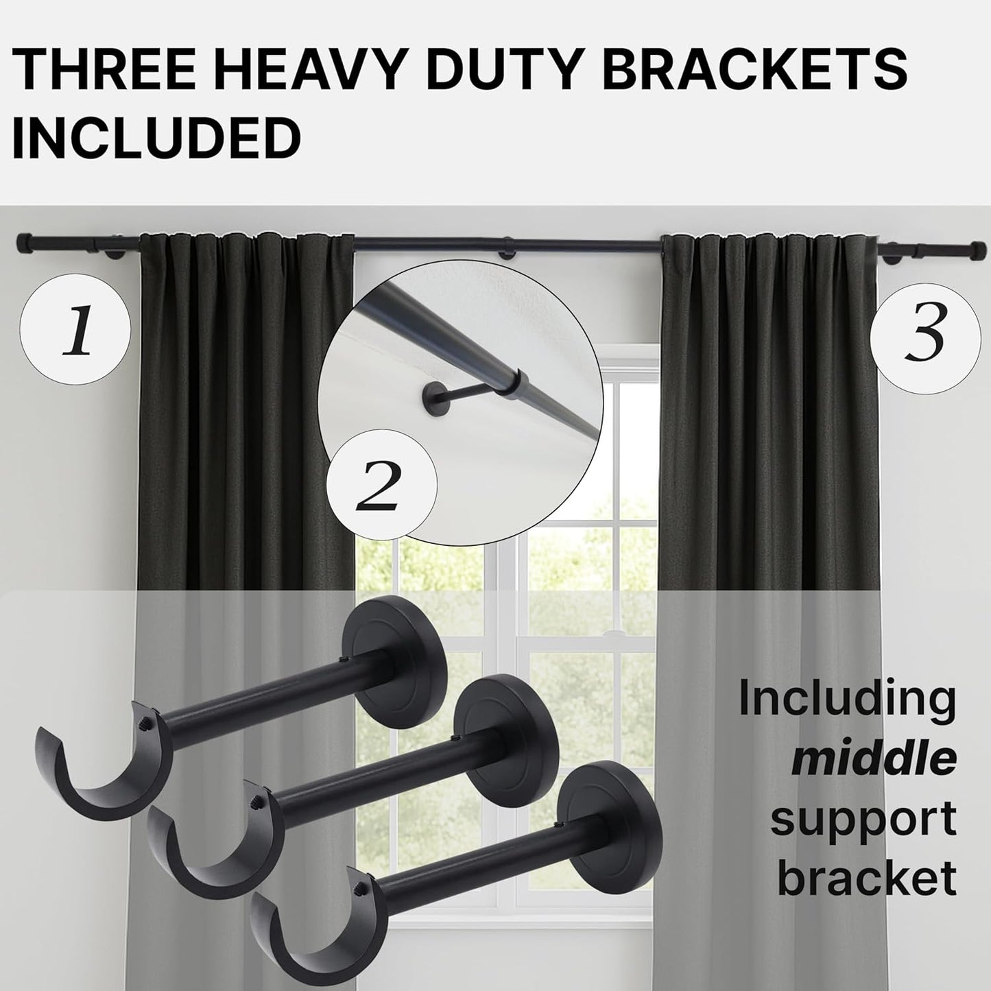 Matte Black Curtain Rod, Adjustable Curtain Rods for Windows 48 to 84 with three Heavy Duty Modern Design Long Brackets included, Matte Black 1 inch Expandable Rod