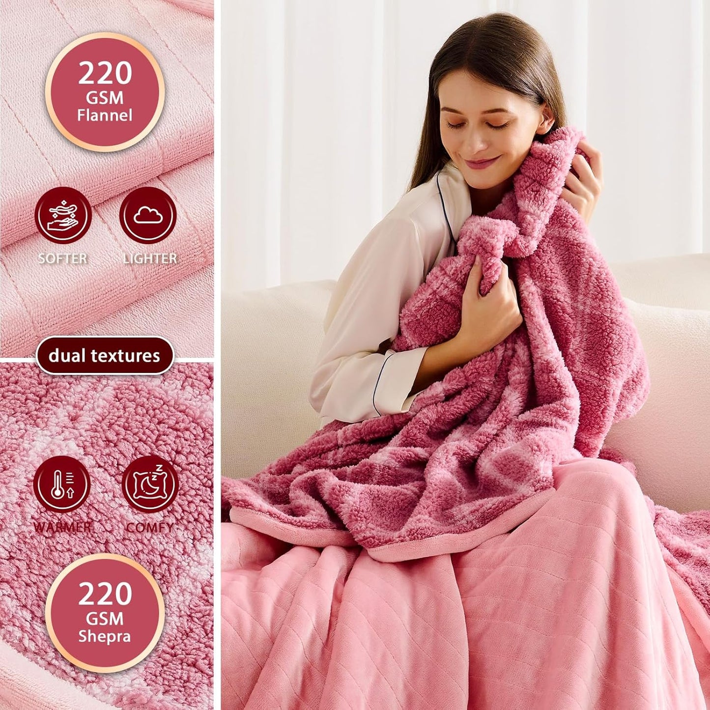 Heated Electric Blanket Throw Size - 50"x60" Flannel Heating Blanket with 10 Heating Levels & 5 Time Settings Over-Heat Protection, Winter Warmer for Adults with ETL Certification（Pink）