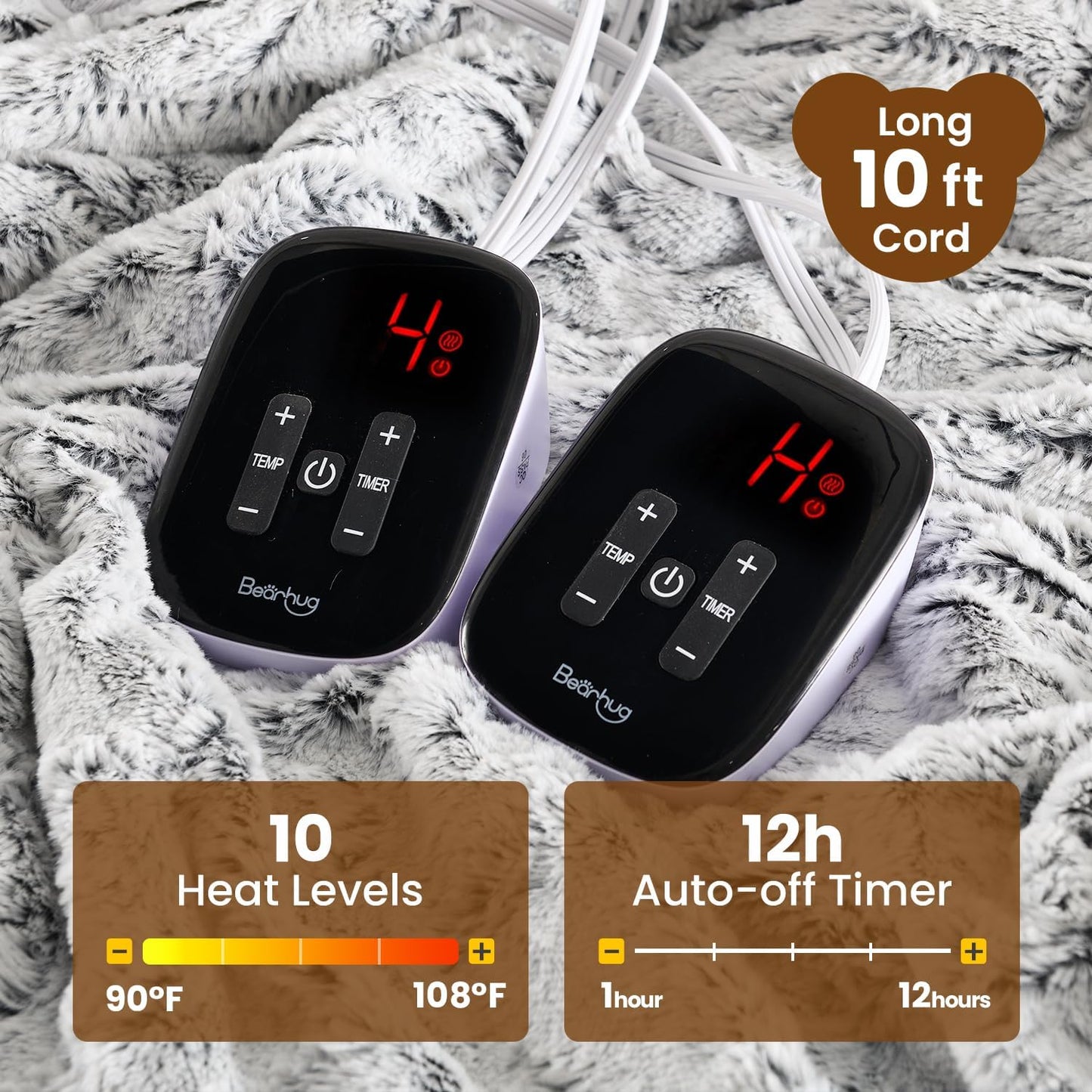 Bearhug Electric Blanket King Size 100" x 90" Dual Controllers Heated Blanket, 10 Heat Settings, 1-12 Hour Auto Shut-Off, Faux Fur & Sherpa Dual-Sided, Machine Washable, Gift-Ready Elegant Packaging