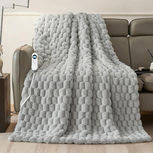 Electric Heated Blanket Throw 50" x 60" Soft Ribbed Faux Fur Flannel Fast Heating 12 Heat Levels 1–12H Timer & Overheat Protection & Auto Shut-Off & ETL FCC & Machine Washable Heated Throw (Gray)