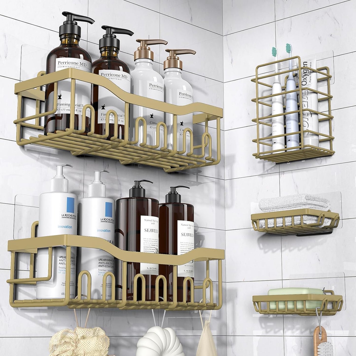 EUDELE 5-Pack Rustproof Stainless Steel Shower Caddy – No Drill Adhesive Bathroom Organizer with Large Capacity, Spacious Shower Shelves for Inside Shower, Kitchen & Home Decor Storage-XL Size