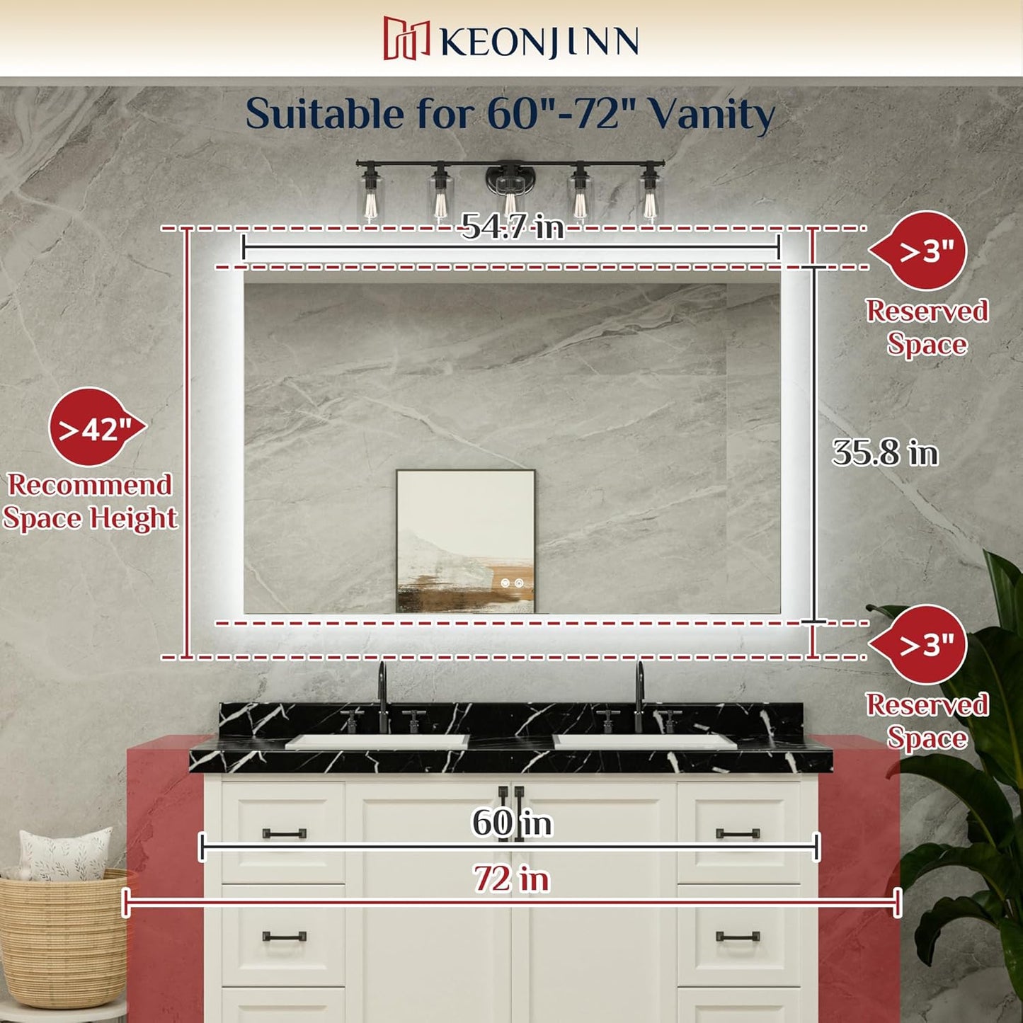Keonjinn 55 x 36 Inch LED Bathroom Mirror with Backlit, Anti-Fog Vanity Mirror, CRI90+ HD Tempered Glass, Stepless Dimmable, High Lumen, UL Listed, IP44 Waterproof, Horizontal/Vertical