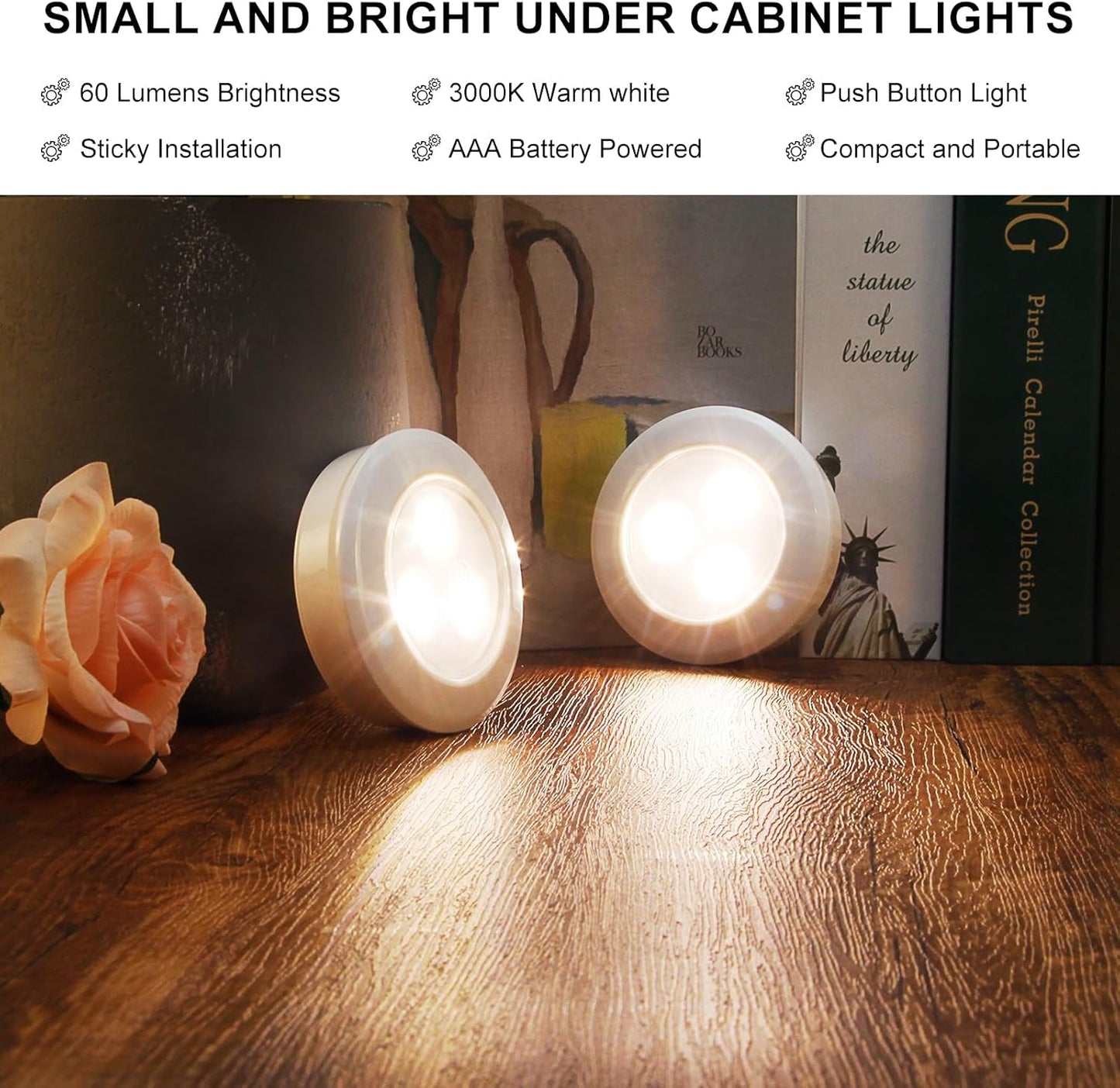 LUXSWAY LED Puck Light, Ultra-Thin Touch Light, Battery Operated, Tap Lights, 60 Lumens, Stick on Lights, Under Cabinet Lighting, Ideal for Kitchen Cabinets, Closets, Garage and More, 3-Pack, White