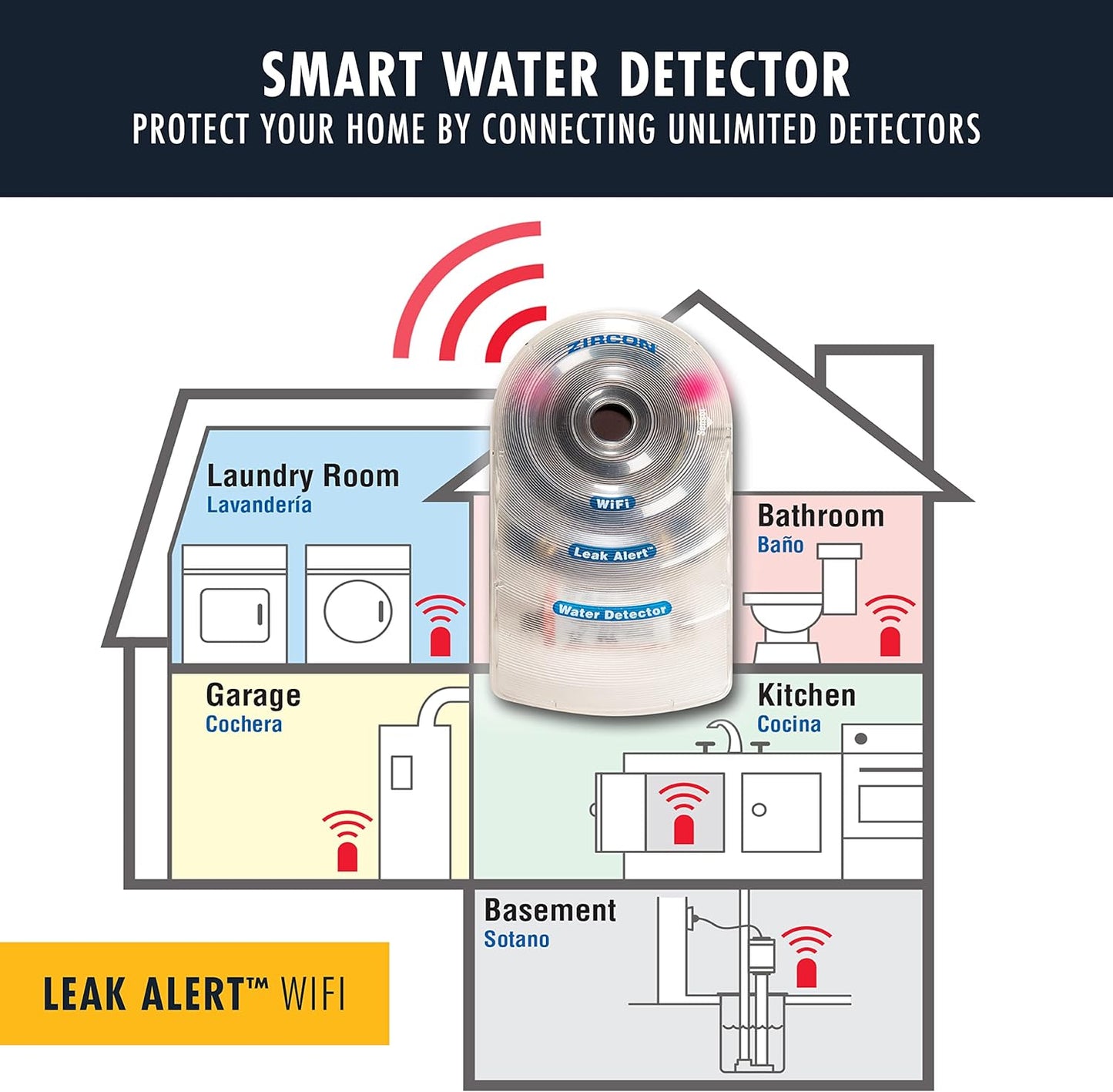 Zircon Leak Alert WiFi- 2 Pack - Smart Electronic Water Detector Alarm with Email, Audio and Visual Alerts - Batteries Included, (72336) White