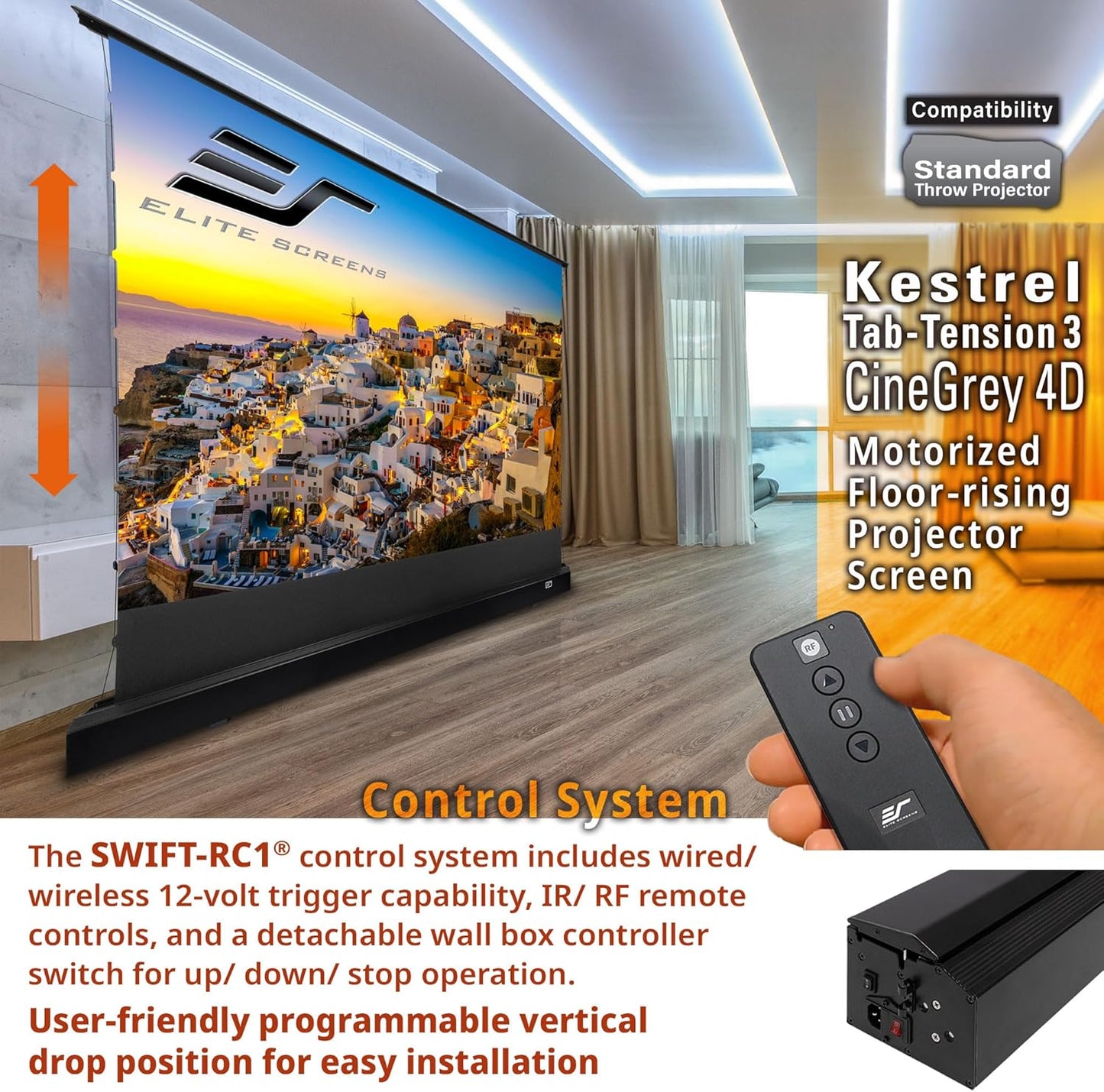 Elite Screens Kestrel Tab-Tension 3 CineGrey 4D, 122 inch 16:9, Standard Throw ISF Ceiling Ambient Light Rejecting (CLR/ALR) Electric Floor-Rising Projector Screen, Programmed Remote Kit, FTE122H3-C4D