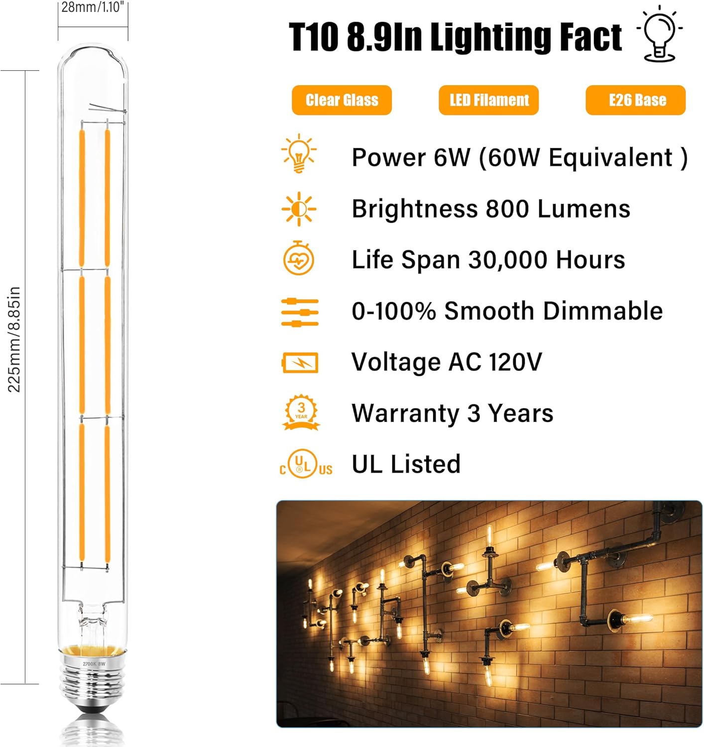 8.9IN LED Light Bulbs E26 Base, 6W 800LM 2700K Soft White T10 T9 Vintage Edison Bulbs Dimmable, AC 120V Equal 80 Watt Clear Glass Long Tubular Filament Bulb, UL Listed - 2Pack