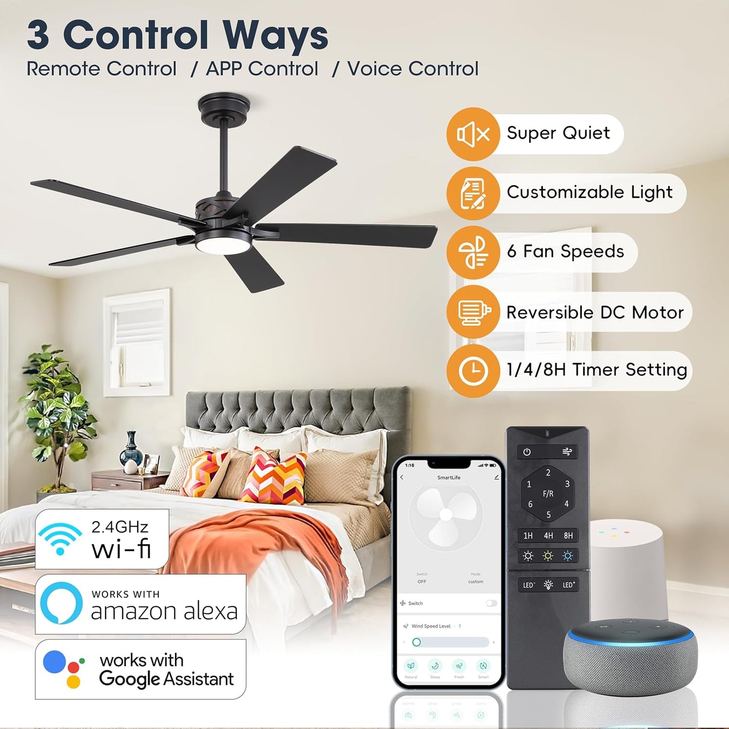 WINGBO 52" Smart Ceiling Fan with Lights, Black/Walnut Blades, 6 Speeds Reversible DC Motor, Works with Alexa and Google Assistant, 3CCT Dimmable LED Ceiling Fan for Bedroom Living Room, Black Finish