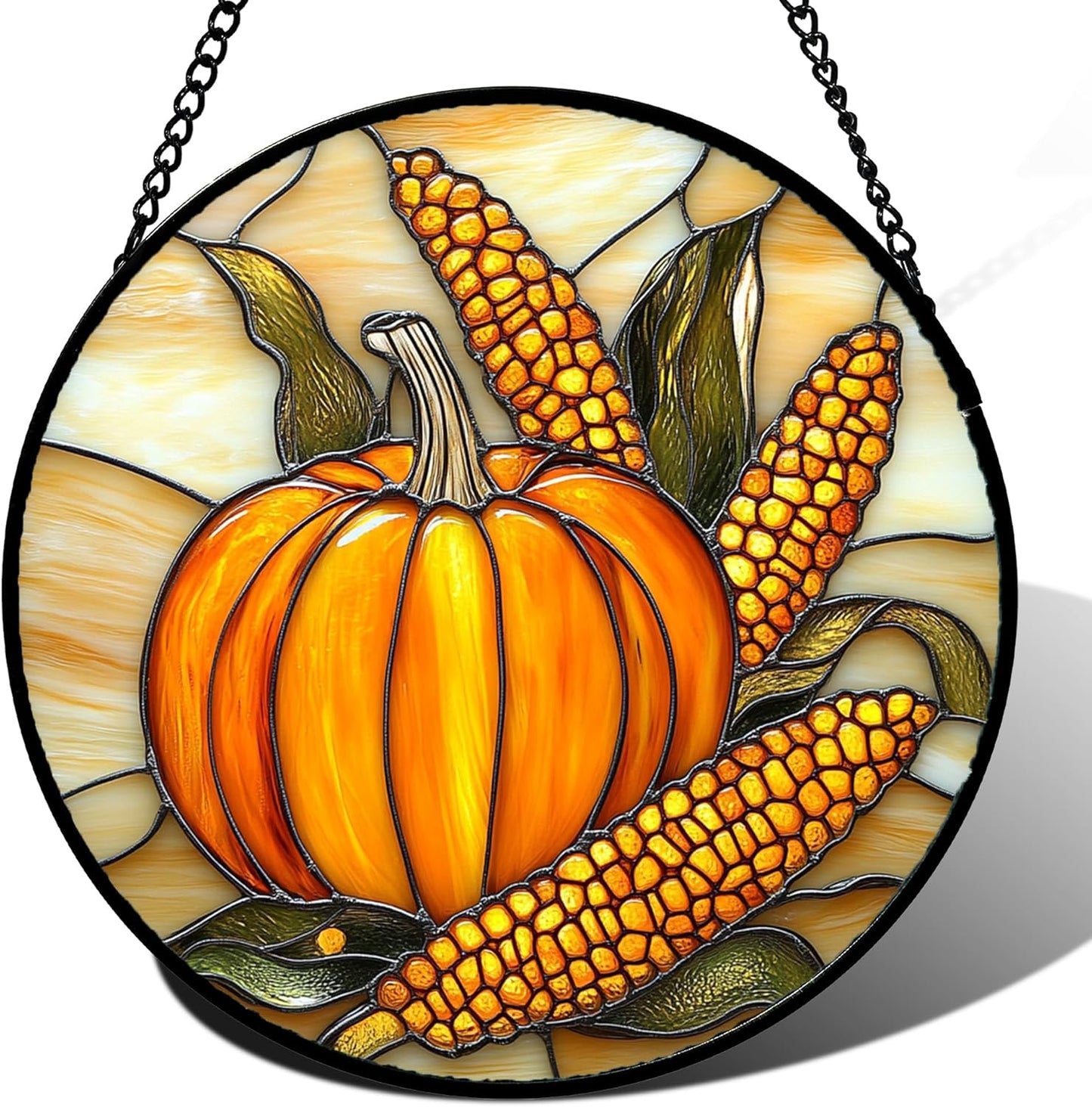 Stained Glass Window Hanging Autumn Harvest Pumpkin Corn Large 11.8" - Suncatcher Door Garden Kitchen Sunroom Sun Catcher Fall Home Decor Birthday for Mom Grandma Men Woman