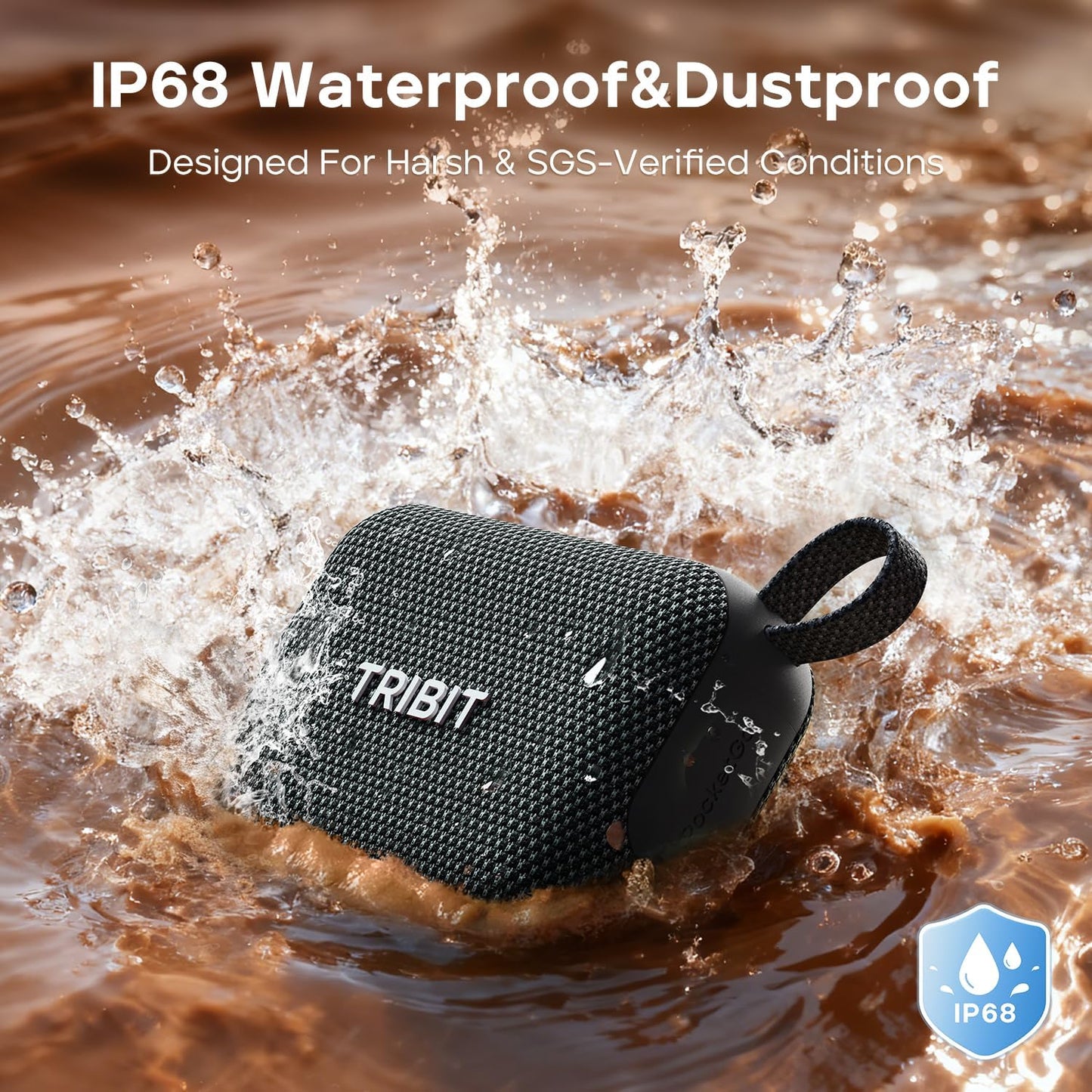 Tribit PocketGo Portable Bluetooth Speaker, 20H Playtime, IP68 Waterproof/Dustproof, Wireless, BT6.0, Shower, Powerful Sound, Custom EQ, TWS, Support TF Card, Floatable, Type-C, Travel/Outdoors/Home