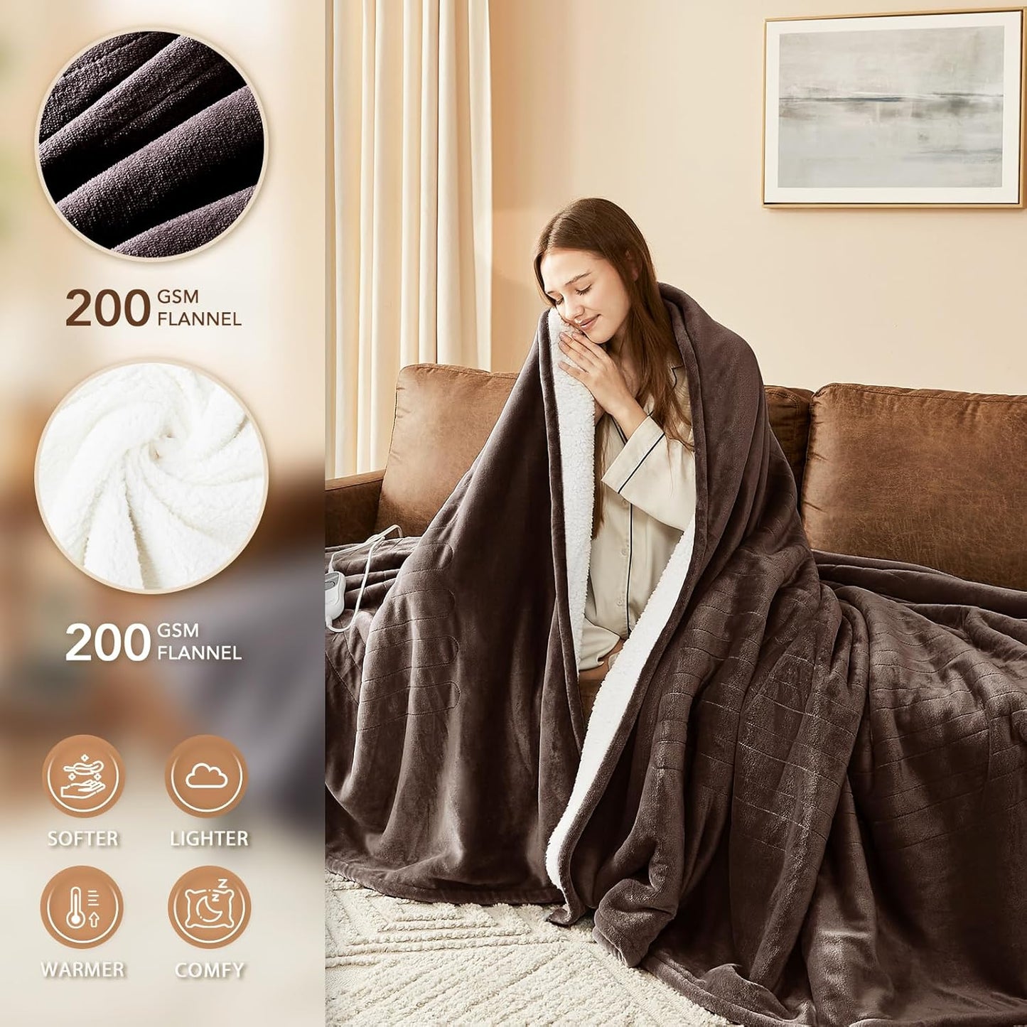 Homemate Electric Heated Blanket Full - 72"x84" Heating Bed Blankets Throw with 10 Heating Levels 8 Hours Auto Off Fast Heating Over-Heated Protection Ultra Soft Warm Flannel ETL Certified Brown