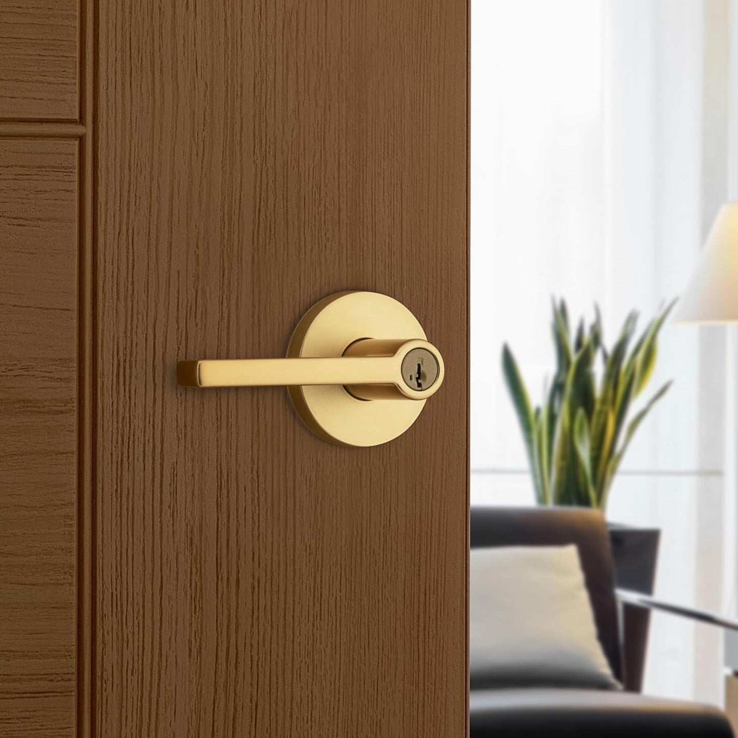 Kwikset Halifax Entry Door Handle with Lock and Key, Secure Keyed Reversible Lever Exterior, for Front Entrance and Bedrooms, Satin Brass, 4 Pack, Pick Resistant SmartKey Rekey Security