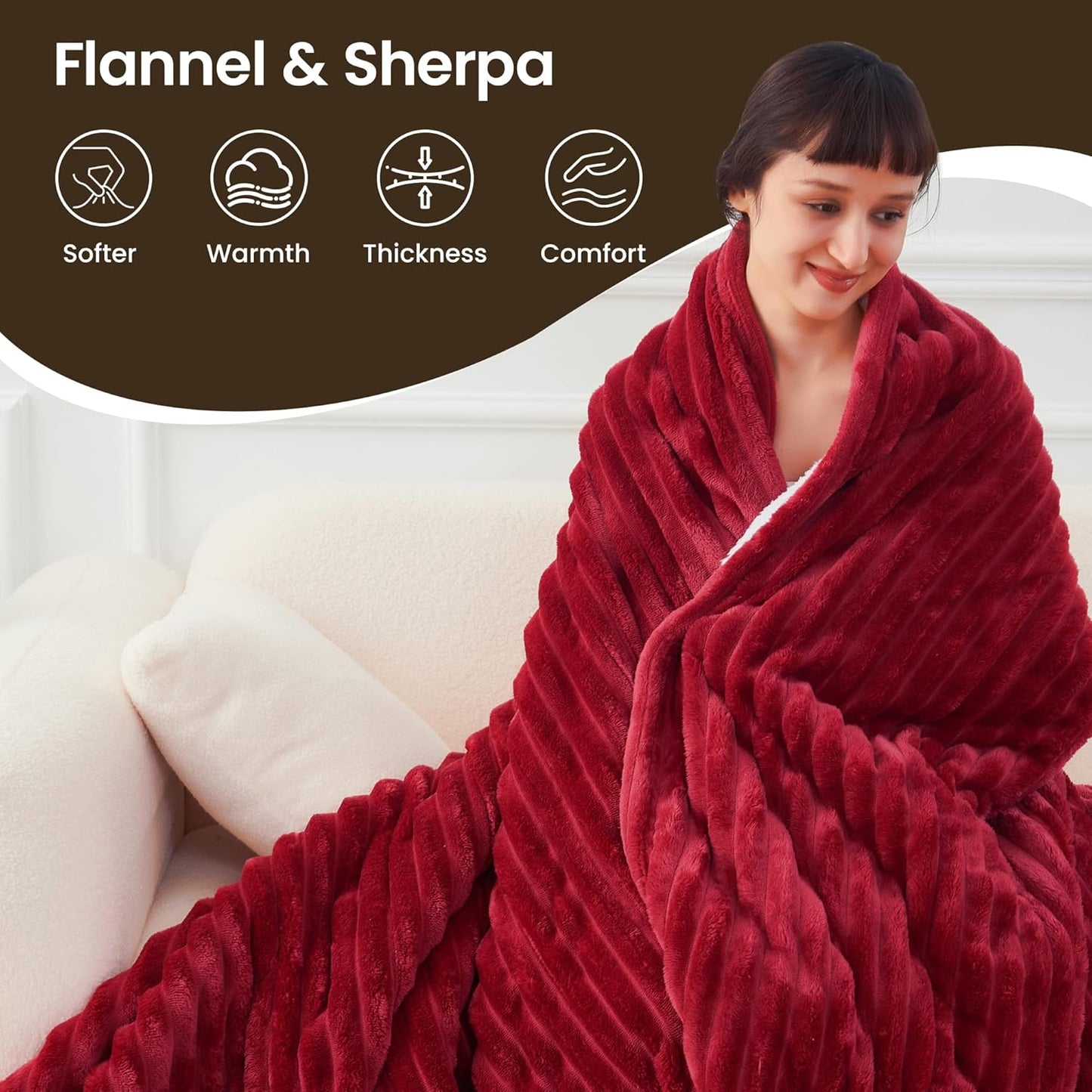 Heated Blanket Electric Blanket 50"x60", Soft Flannel Sherpa Electric Throw with 5 Heating Level & 12 Times Setting, Heated Throw with Overheating Protection, Machine Washable (Red)