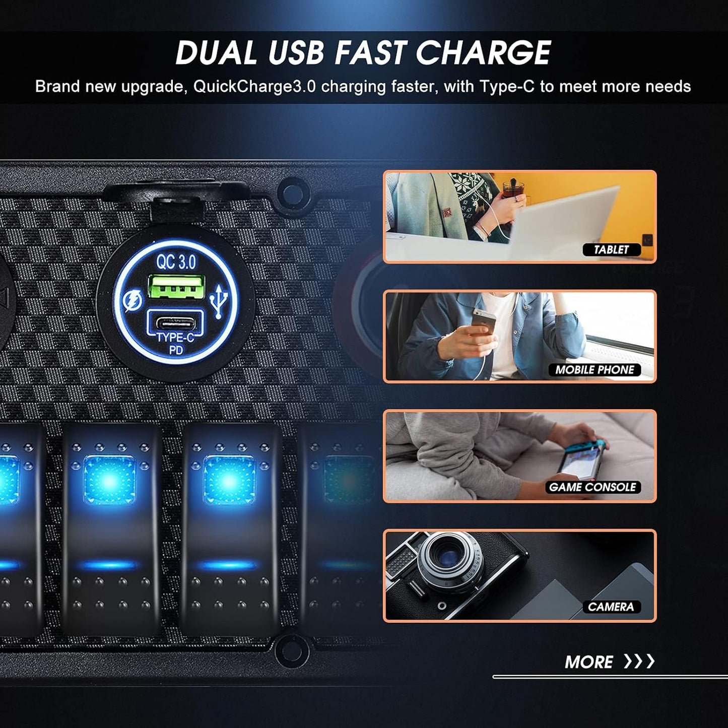 MKING Marine Switch Panel - 8 Gang Waterproof Rocker Panel With Circuit Breaker, USB & Type-C Charger, Digital Voltmeter, Cigarette Socket, 12V Blue LED