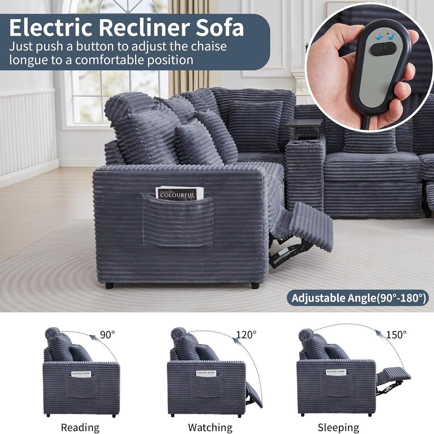 LEVNARY Modular Power Recliner Chair, Faux Rabbit Fur Upholstered Single Seat with Electric Lift Function, Compatible with Modular Sofa System (Gray)
