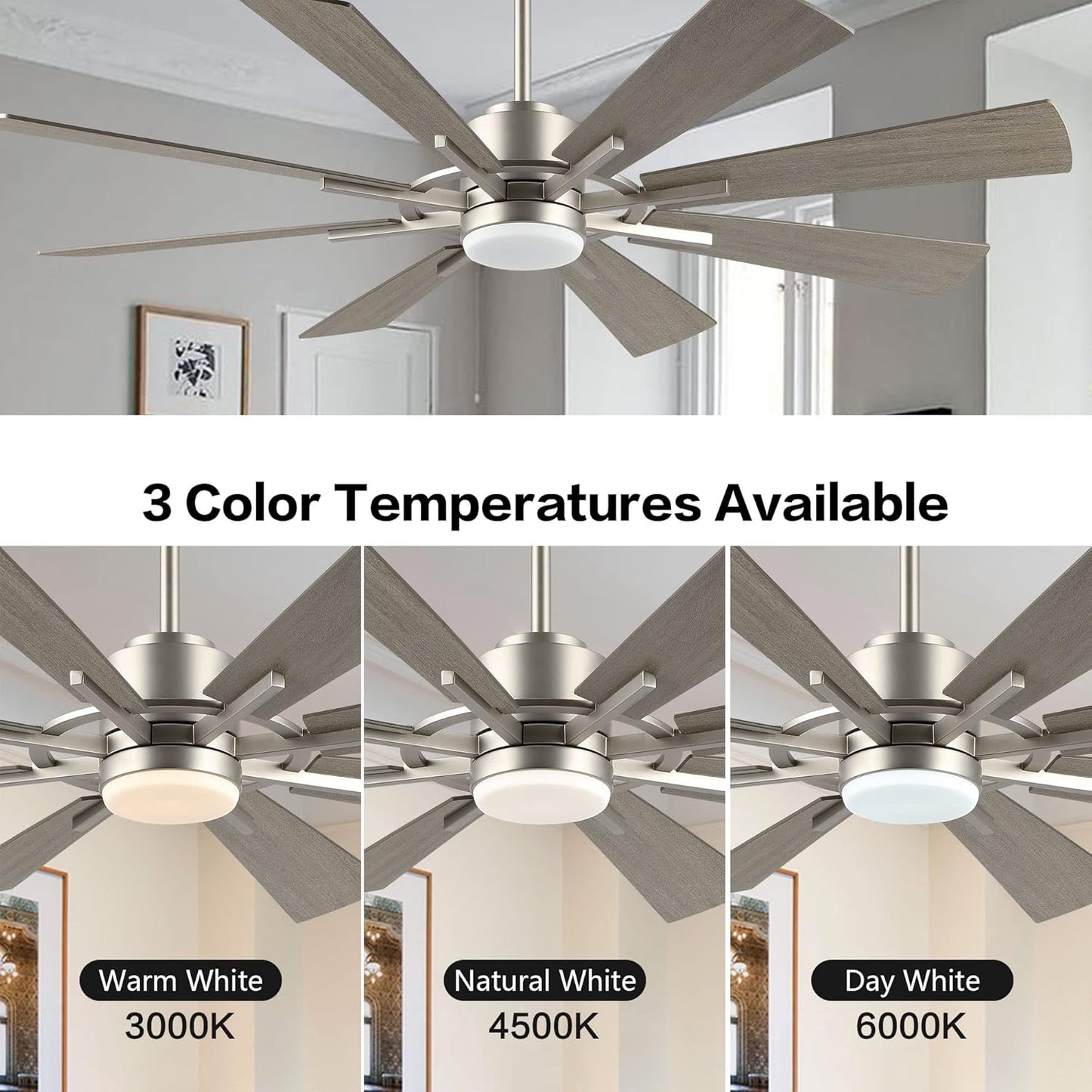 WINGBO 60" DC Ceiling Fan with Lights and Remote Control, Brushed Nickel and Gray Ceiling Fan, 8 Plywood Blades, 6-Speed Reversible DC Motor, Modern Ceiling Fans Indoor for Kitchen Bedroom Living Room