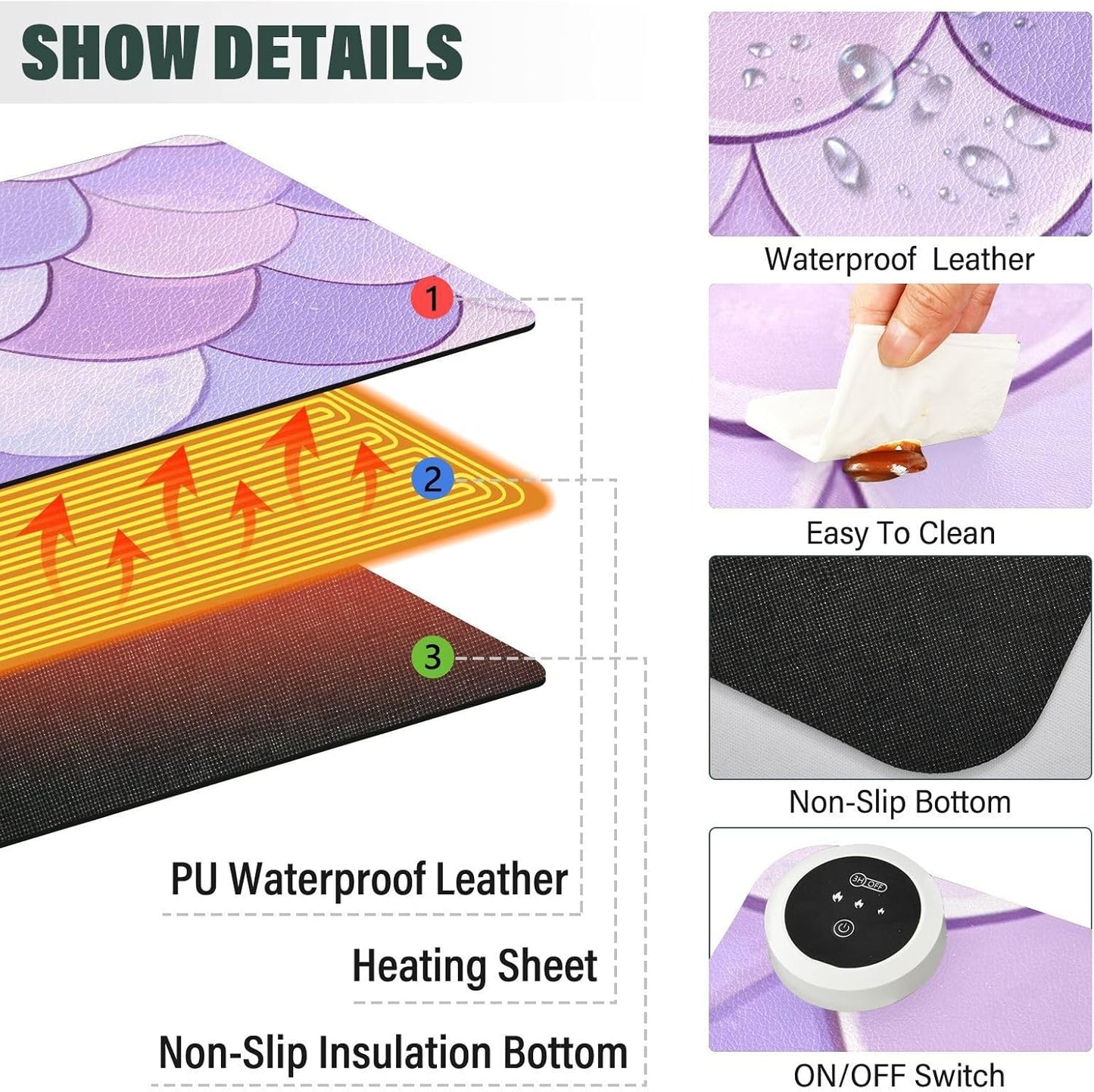 Heated Desk Pad Mouse Pad 31.5x13 Inch PU Leather Desk Mat with 3 Heat Levels Large Mouse Gaming Computer Laptop Mat Light Purple Fish Scales