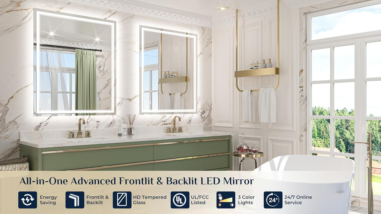 Keonjinn 44" x 36" Bathroom Mirror with Lights, Frontlit & Backlit LED Bathroom Mirror, Safe Tempered Glass, Anti-Fog, 3000K/4500K/6500K, Dimmable, UL-Listed, Frameless LED Wall Mirror