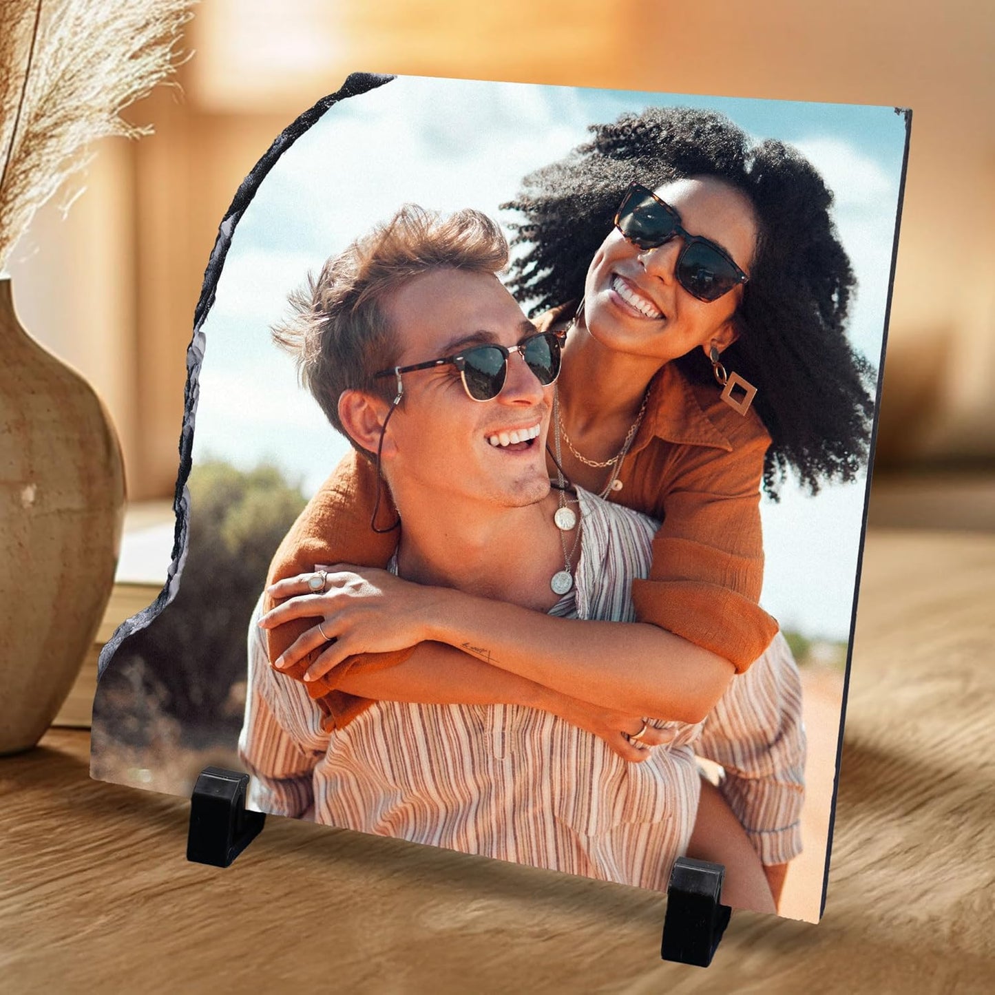 ArtPix 3D Christmas Personalized Slate Plate, Customized Xmas Photo Print Stone, Custom Picture Gift for Wife, Women, Family, Her, Him, Rock Slate Plaque Frame (Small - Left Contour Shape)