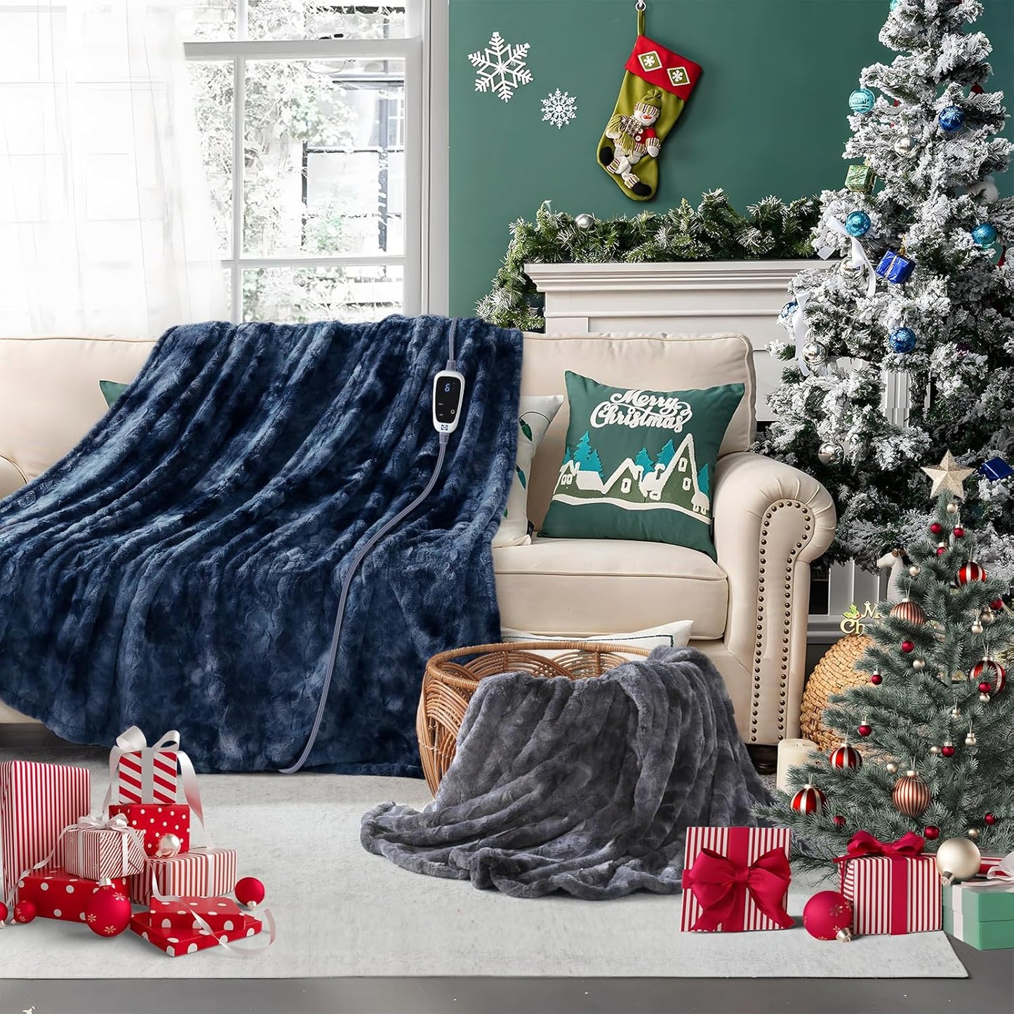 Sealy Electric Blanket Heated Throw, Faux Fur Heating Blanket with 6 Heat Settings & 2-10 Hours Auto Shut Off, Fast Heating & ETL Certification, 50x60 Inch, Navy Blue
