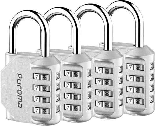 Puroma 4 Pack Combination Lock for Locker 4 Digit Outdoor Waterproof Padlock for School, Gym, Sports, Fence, Toolbox, Gate, Case, Outdoor, Hasp Storage, Cabinets (Silver)