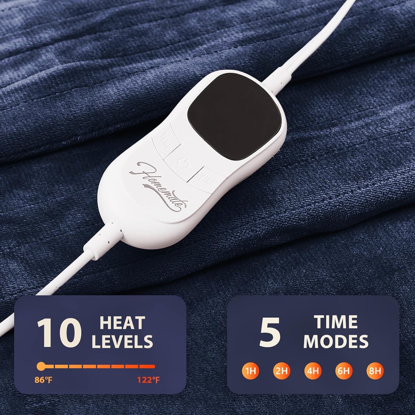 Homemate Heated Blanket Electric Throw - 50/''x60/'' Heating 1/2/4/6/8 Hours Auto-Off 10 Heat Level Over-Heat Protection Flannel Sherpa Heater ETL Certification, Blue
