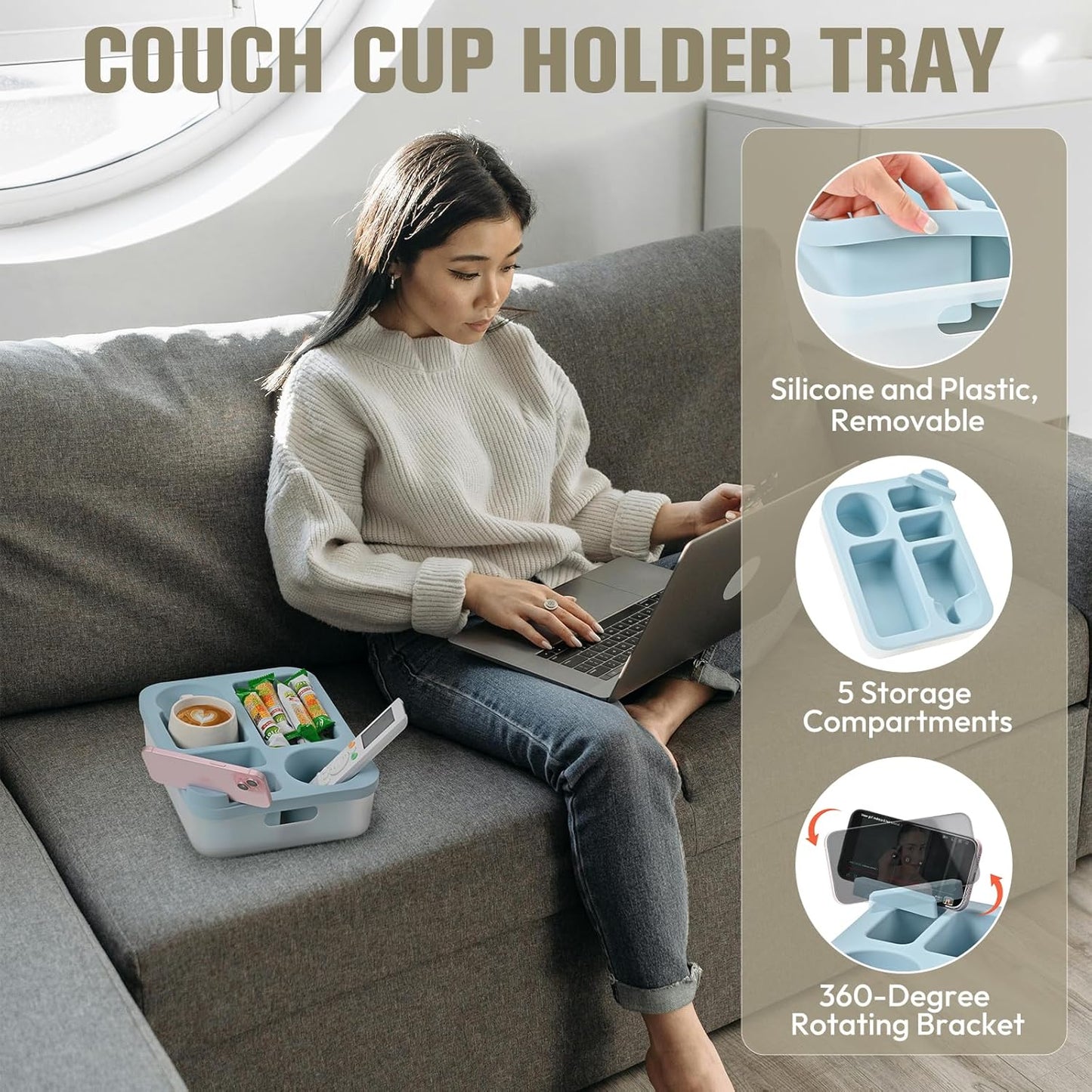 Couch Cup Holder Tray with Rotating Phone Stand & Anti-Spill Design, Silicone Sofa Caddy for Drinks, Remote, Snacks (Blue, 11.8"x 9.05")