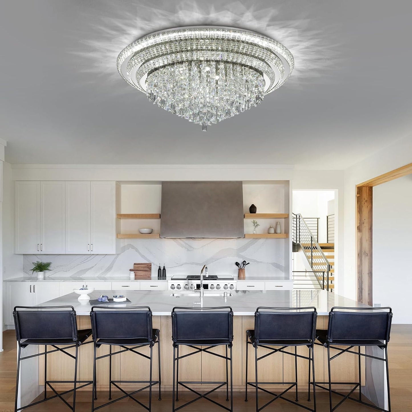 COCOSTAR Sliver Elegant LED Crystal Raindrop Ceiling Light with Remote and APP, 40" Modern Flush Mount Chandelier Light Fixture, 3CCT Dimmable, for Living Room Kitchen Island Bedroom Entryway Foyer