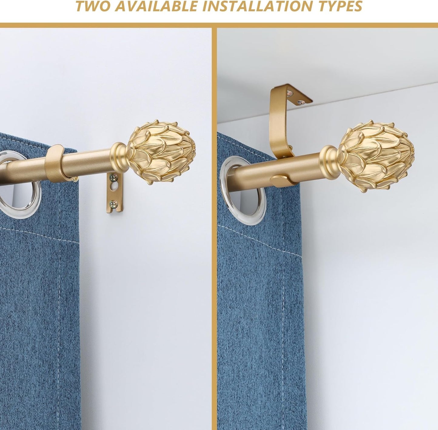 Curtain Rods 28"-48" Adjustable, Gold, Metal, Wall Mounted, Single Window Treatment Rods with Classic Finials