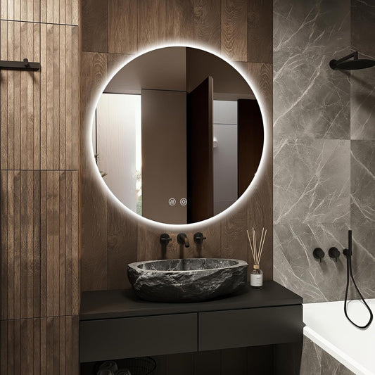 Niccy Round Led Mirror for Bathroom, 28" Circle Frameless Backlit Mirror wiht Light, Anti-Fog, 3 Colors, Waterproof, Memory Function