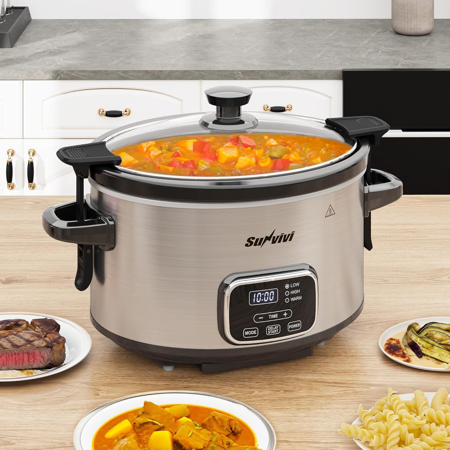 4QT Programmable Slow Cooker with Removable Ceramic Pot, Locking Lid, 3 Heating Settings & Timer, Dishwasher-Safe, Stainless Steel Silver