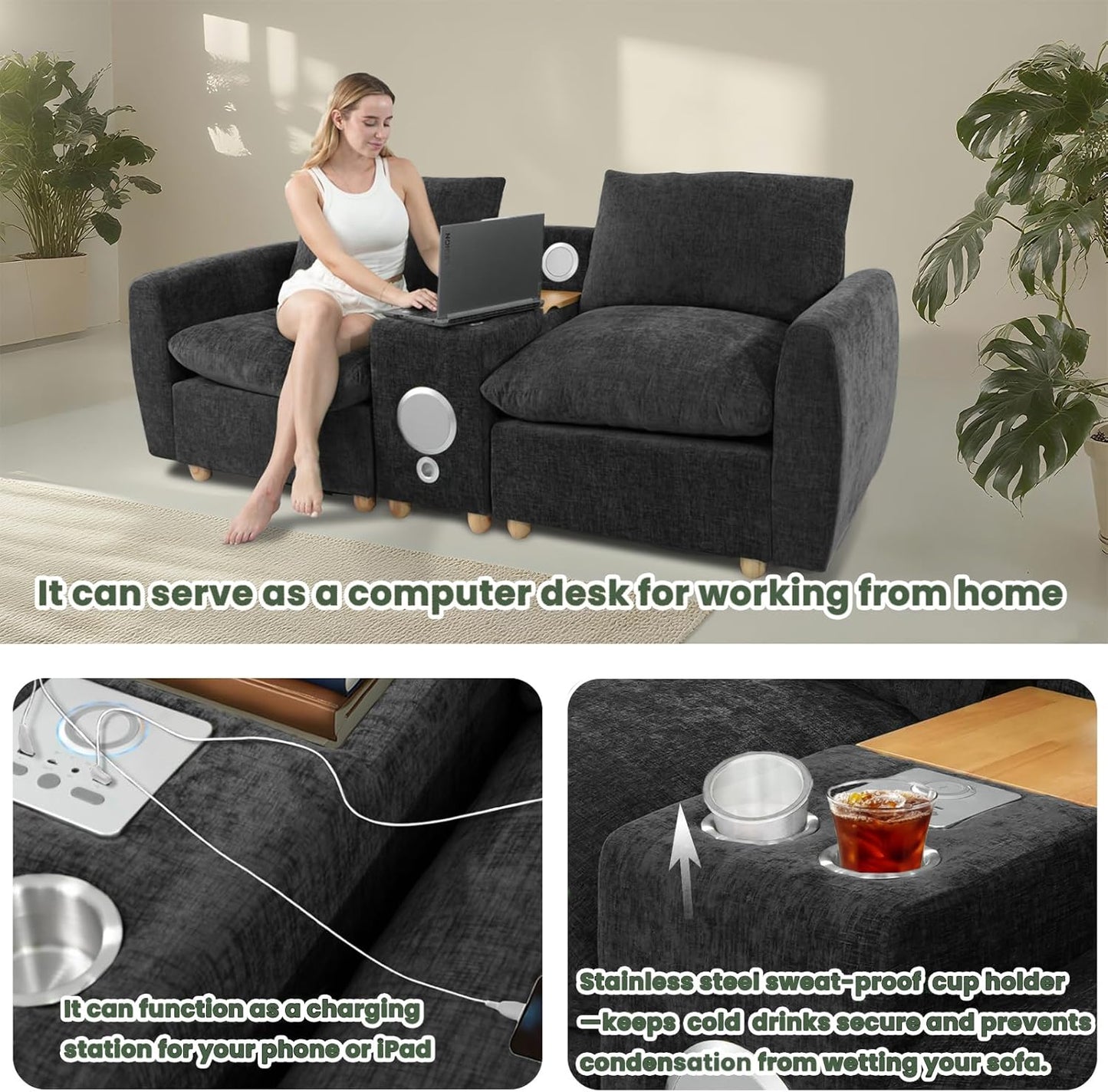 Brelice Modular Sofa Console with Wireless Charging & Bluetooth Speaker - All-in-One Armrest Organizer with Wired Charging, Storage Tray, Volume Control for Sectional Couch, Living Room