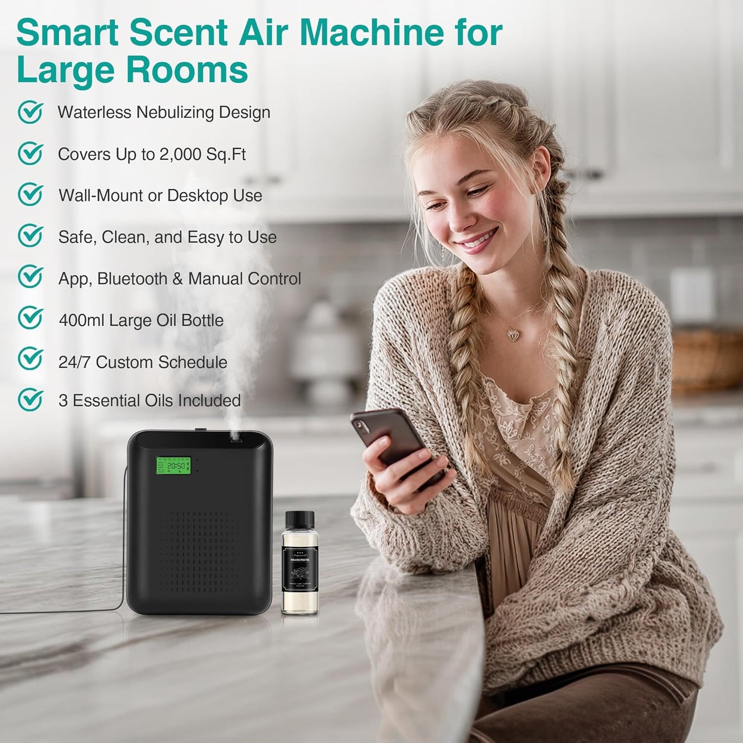 Scent Air Machine Starter Kit – Waterless Diffuser for Home & Commercial Use, Hotel Scent Diffuser Includes 100ml Essential Oil, WiFi/Bluetooth Control, 2000 sq.ft Coverage, Wall-Mount & Desktop