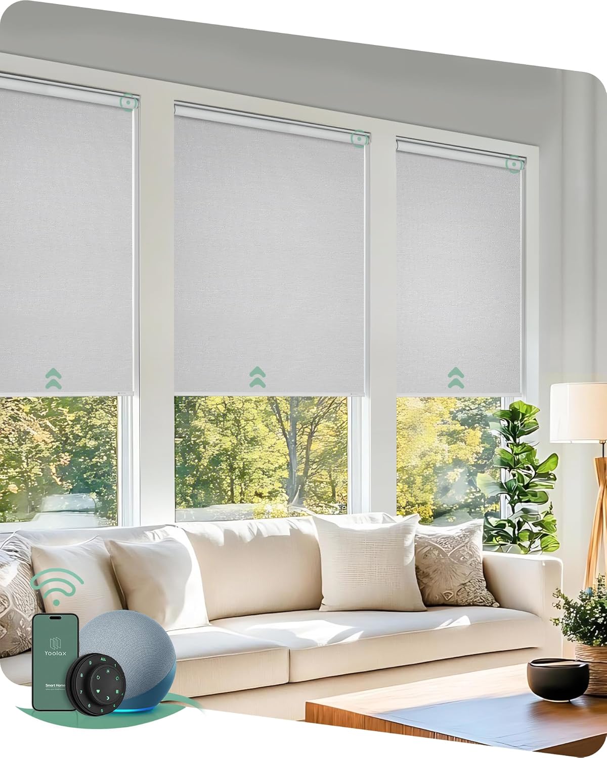 Yoolax Motorized Blinds with Remote, Blackout Smart Blinds for Windows Motorized Roller Shades, Automatic Window Shades Work with Alexa Custom Size (Blackout-Jacquard White)