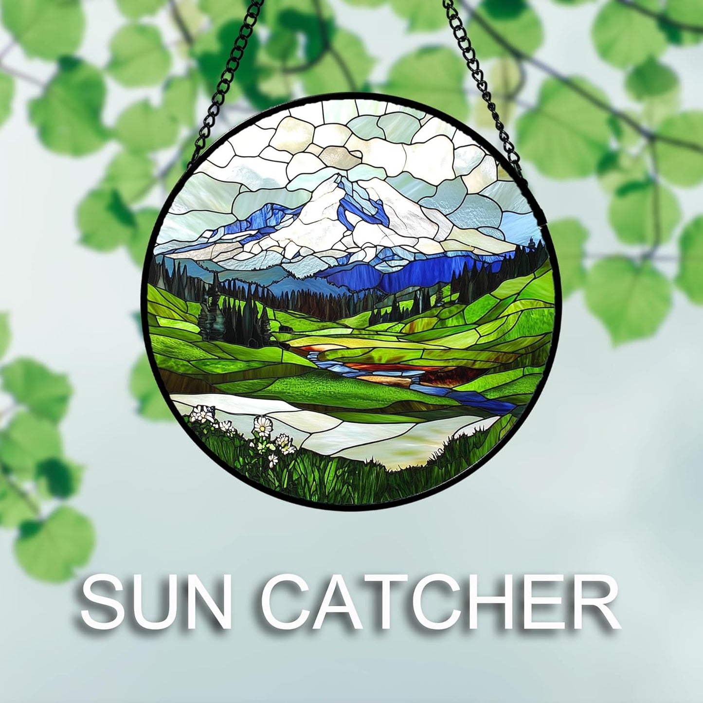 Stained Glass Window Hanging 4 Pcs Set Mountains Lake Green White Landscape 7.8" - Suncatcher Door Garden Sun Catcher Decor Birthday Christmas for Mom Woman Nana Men