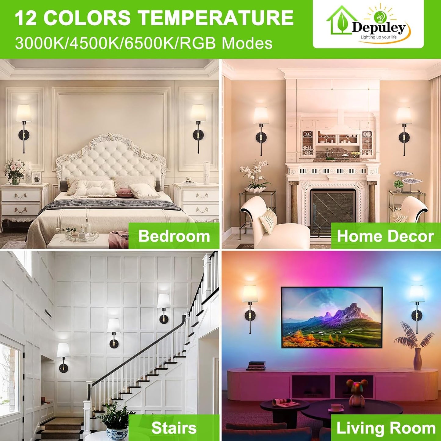 Depuley Battery Operated Wall Sconce: Set of 2 19.99" Wireless Wall Lights with Remote for Bedroom - Rechargeable 15 Colors Black and Gold Wall Lamp for Living Room Hallway Decor