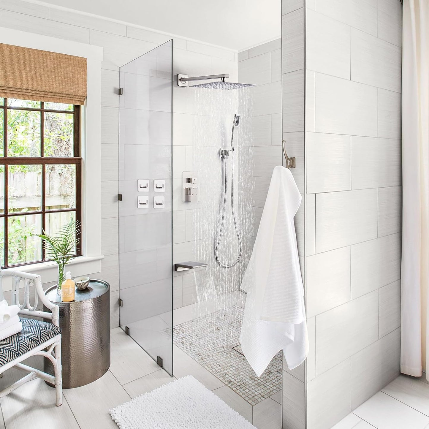 Shower Faucet Set Complete with Tub Spout Shower System Wall Mounted with 8 inch Rainfall Shower Head and Handheld Shower Rain Shower Combo for Bathroom, Brushed Nickel