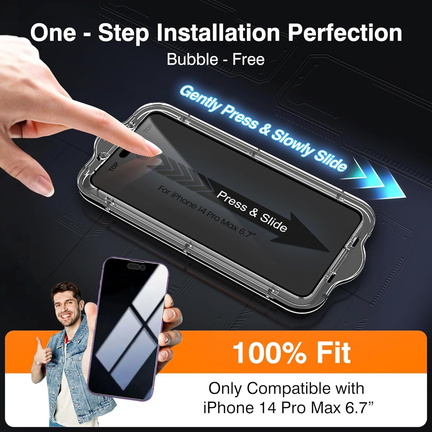 EZ-GLAZ-4+2 Pack for iPhone 14 Pro Max Privacy Screen Protector[6.7 inches] With Camera Lens Protector, [Drop Protection] 9H Hardness Full Coverage Anti-Spy Tempered Glass Film, Easy to install