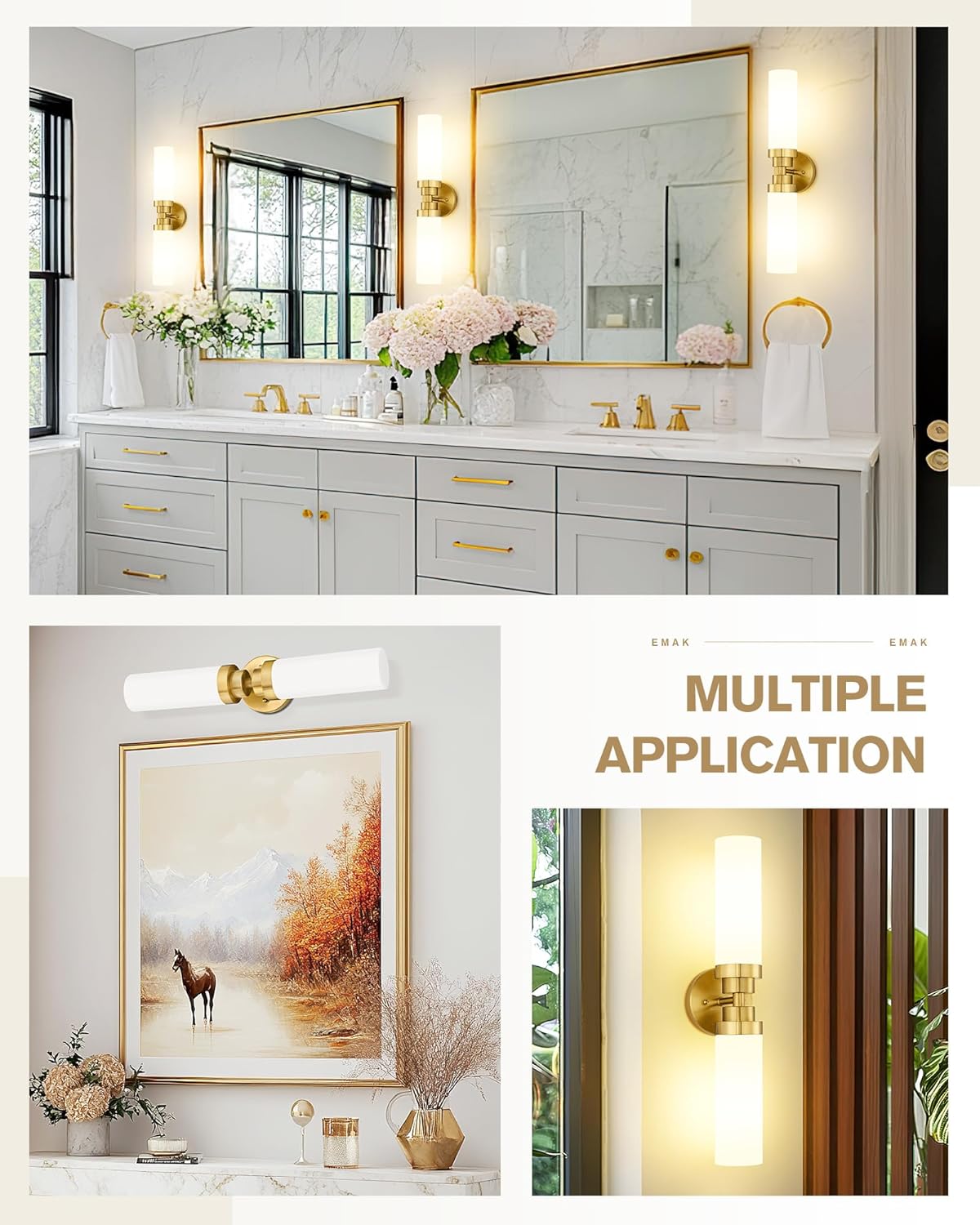 Emak Modern 22 Inch Bathroom Light Fixtures Over Mirror, Brushed Gold Vanity Light Bar with Milk Glass Shade, 2-Light Bathroom Wall Sconce, VL085-BGD-ML-2