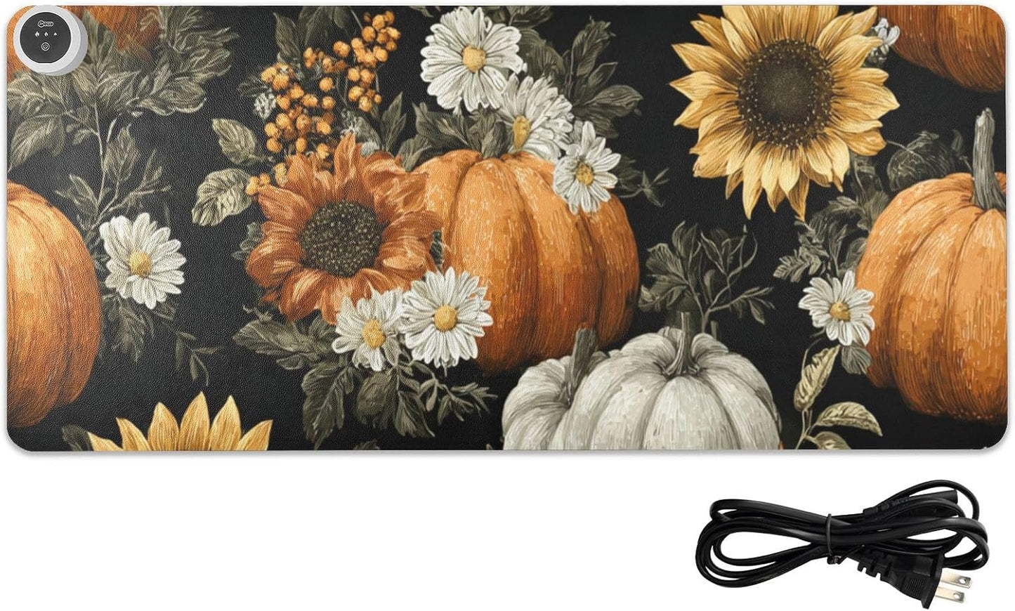 Heated Desk Pad Mouse Pad 31.5x13 Inch PU Leather Desk Mat with 3 Heat Levels Large Mouse Gaming Computer Laptop Mat Black Pumpkins Sunflowers Daisy