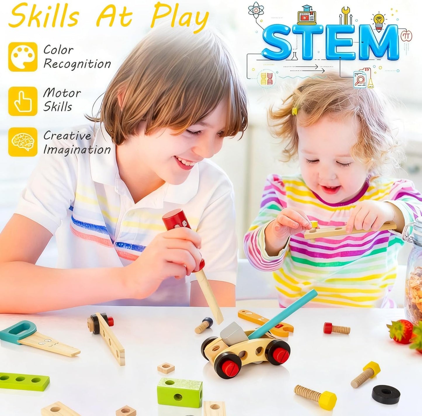 KIDWILL Tool Kit for Kids, 36-Piece Wooden Toddler Tools Set Includes Tool Box, Montessori Educational Stem Construction Toys for 2 3 4 5 6 Year Old Boys Girls, Best Birthday Gift for Kids
